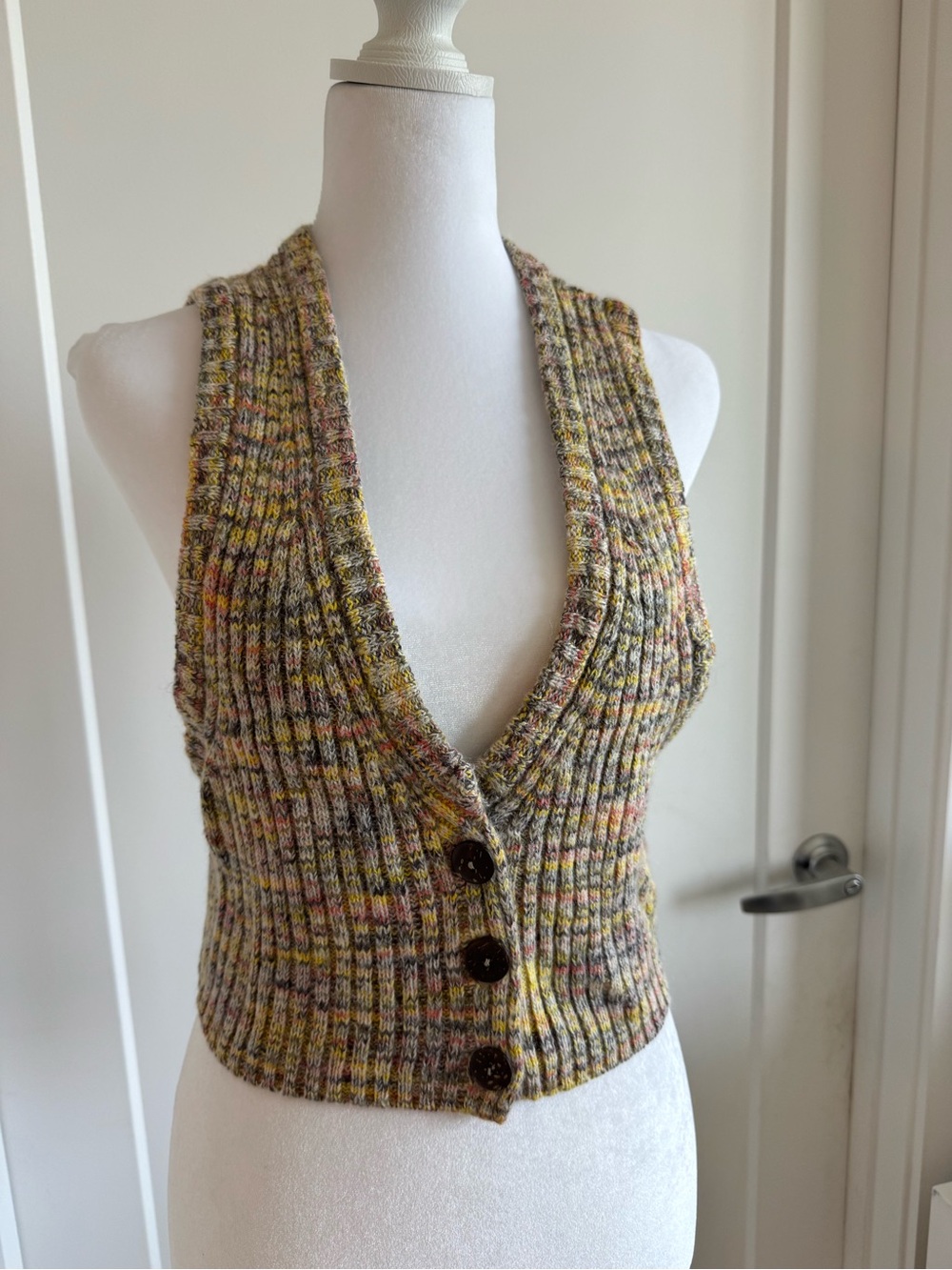 For Love and Lemons- Ribbed Knit Button-Front Vest in Multi Yellow